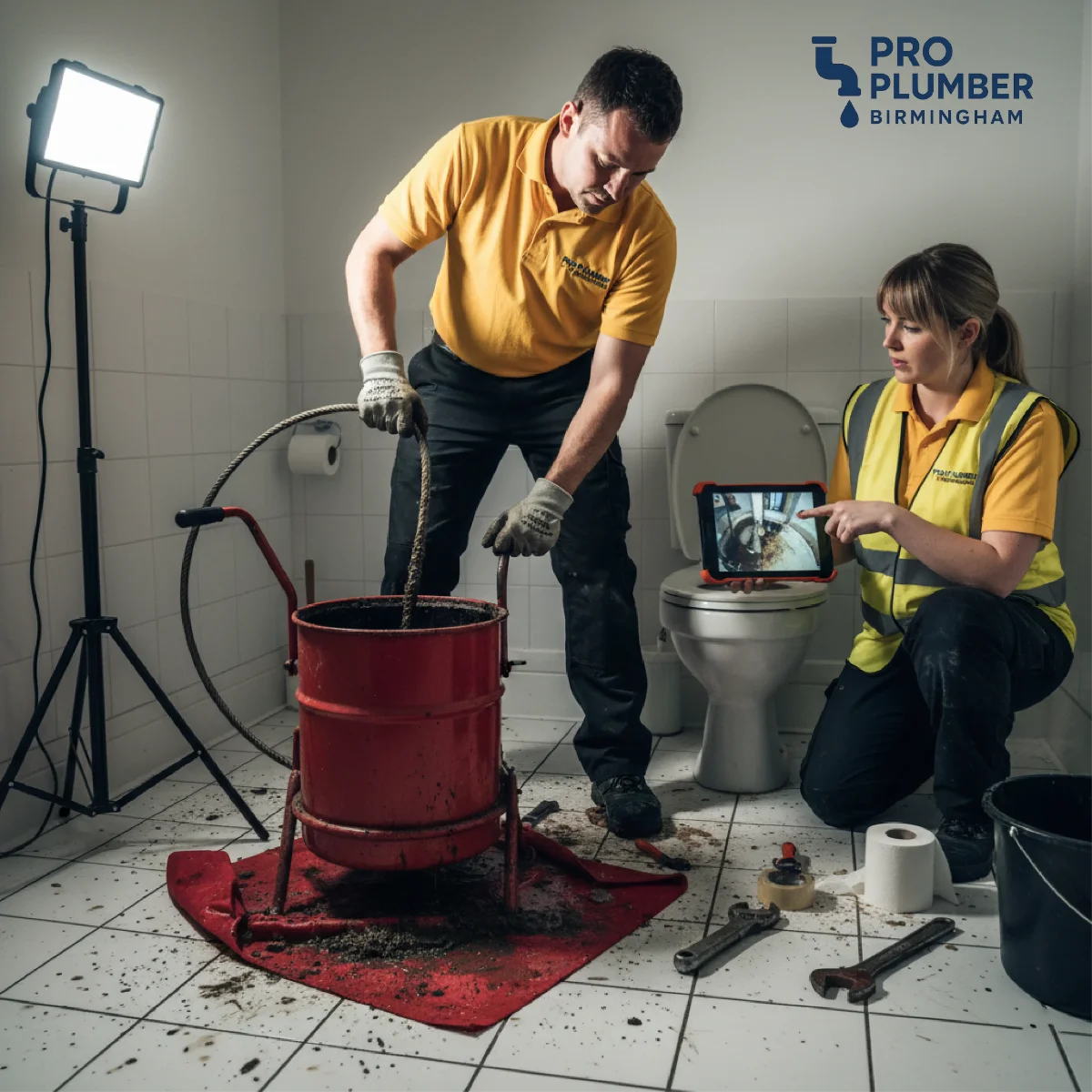 Pro Plumber Birmingham technician performing camera inspection for drain maintenance Birmingham